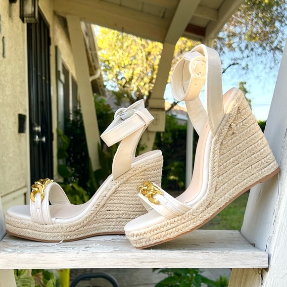 Off White Ankle Strap Espadrille Wedges - Picture 5 of 8